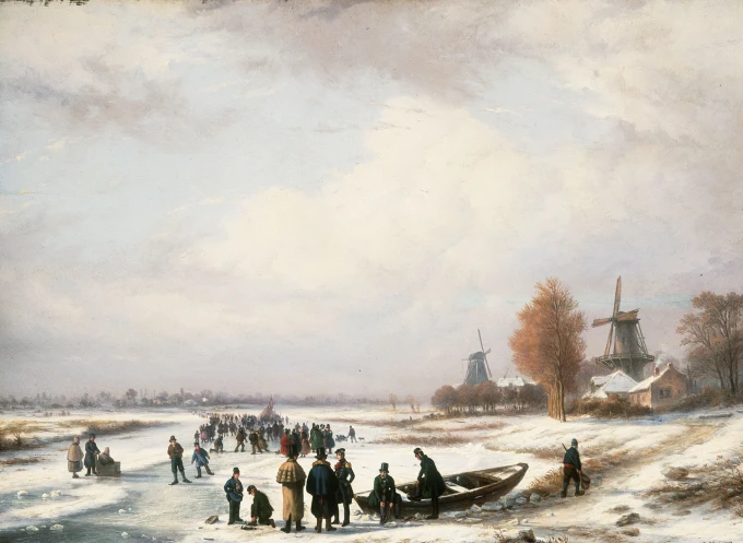 Beeld: Schaatsenrijders op de benedenloop van de IJssel door J.H. Louis Meyer