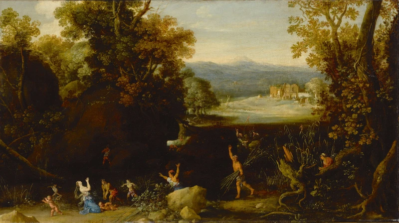 Boslandschap met Latona en de Lycische boeren door Bartholomeus Breenbergh.